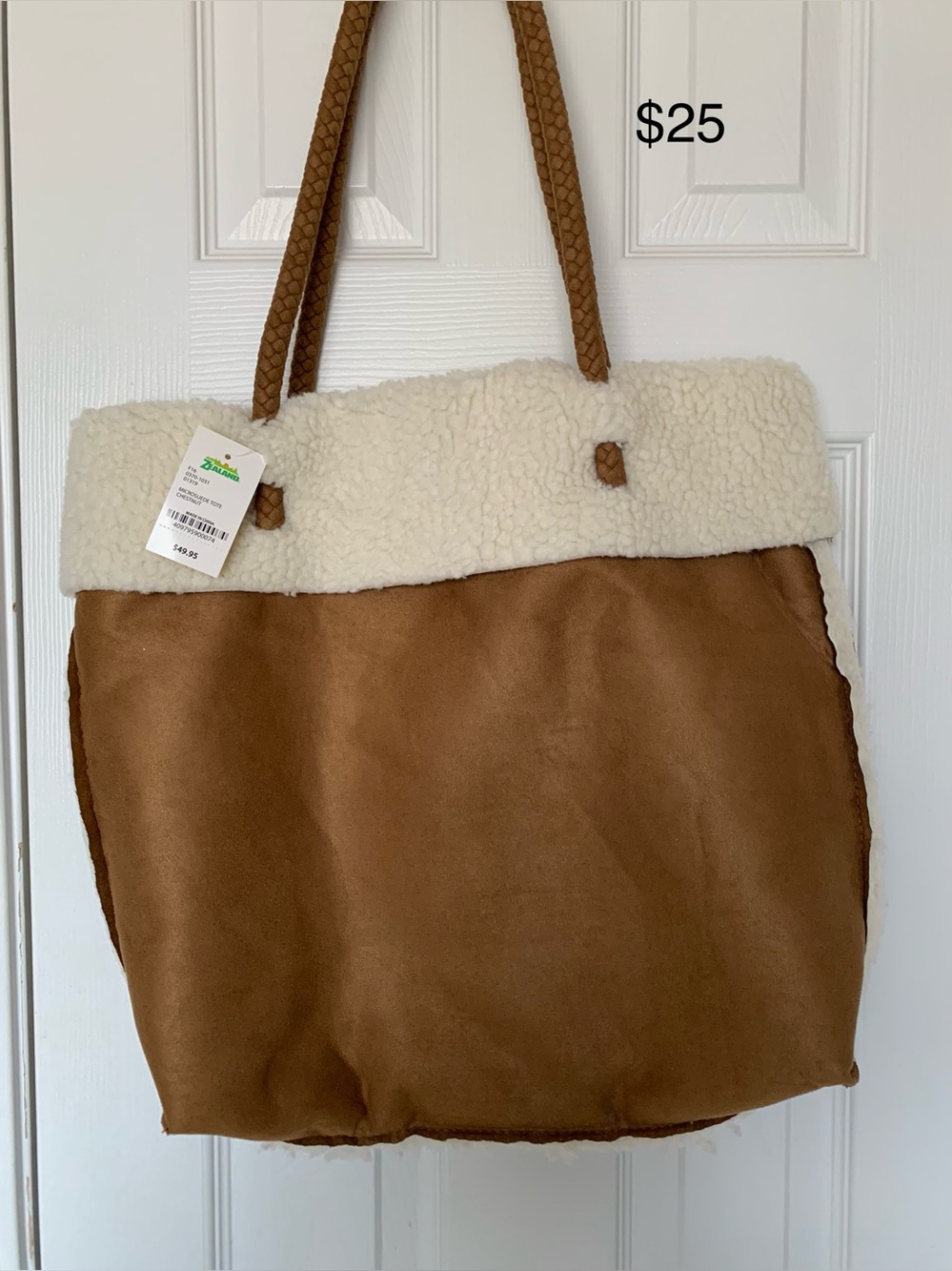Cozy Sherpa Trim Tote Bag in Brown by